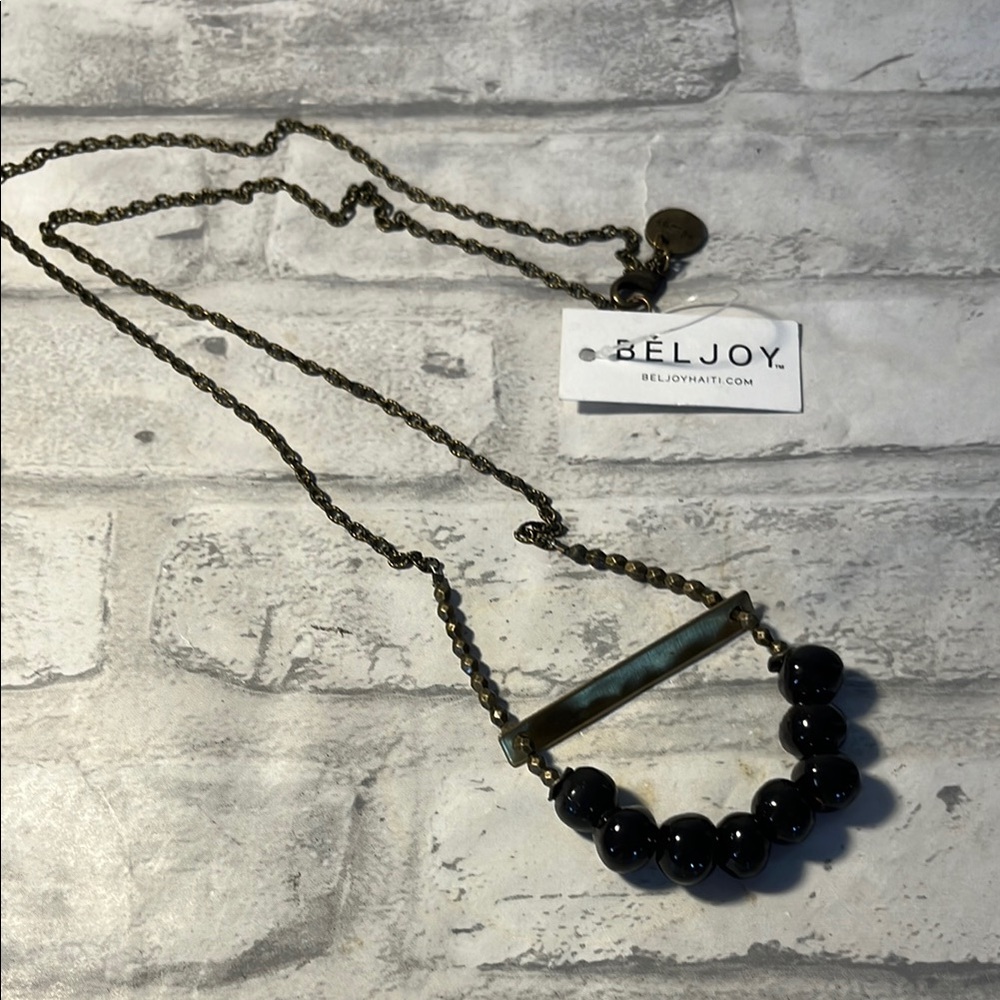 Bell Joy vintage long Black bead and Gold tone Necklace